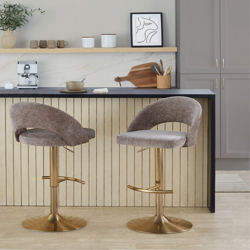Tabouret de bar réglable avec pivot en métal doré et tissu avec repose-pieds rond en T - ensemble de 2