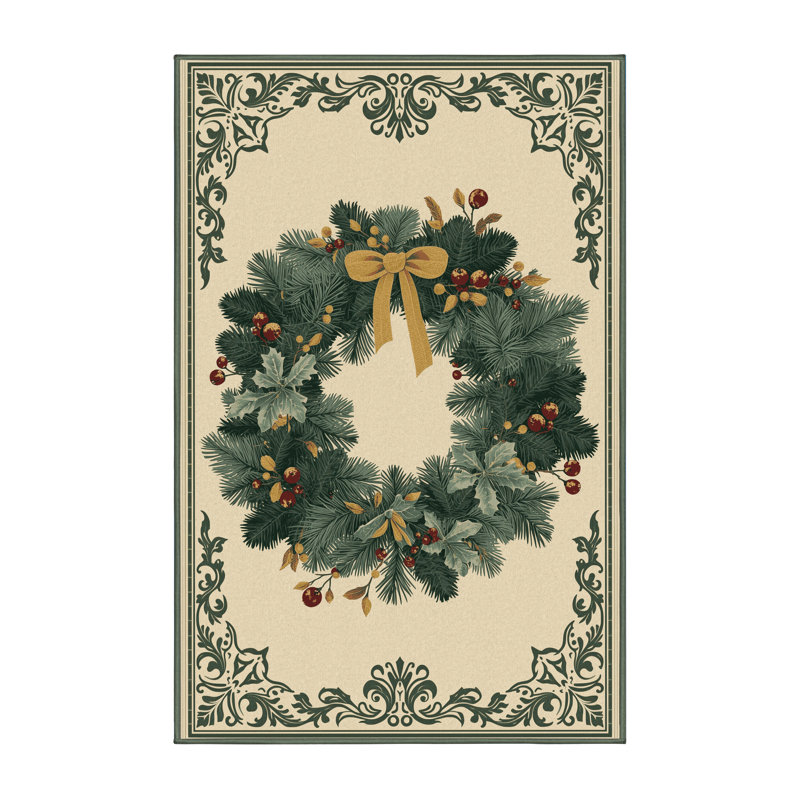 Soft Plush Feliz Christmas Modern & Contemporary Abstract Area Rug in Beige – SageGreen Binding, 2x4