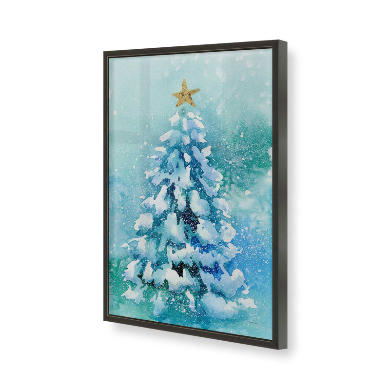 Arbre de Noël givré imprimé dans un cadre noir satiné, Cadre noir satiné, H 21 po x l 17 po x P 1,25 po