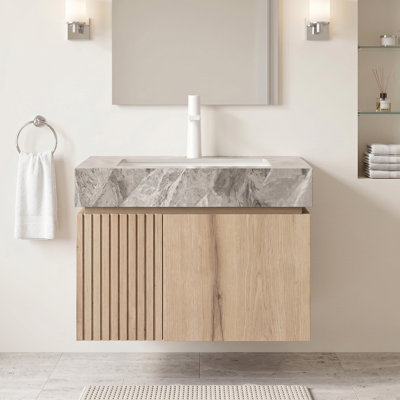 24" Pre-Assembled Wall Mount Bathroom Vanity Cabinet, Plywood Frame with 2 Doors, Undermount Ceramic Sink Countertop with Pre-Drilled Faucet Hole