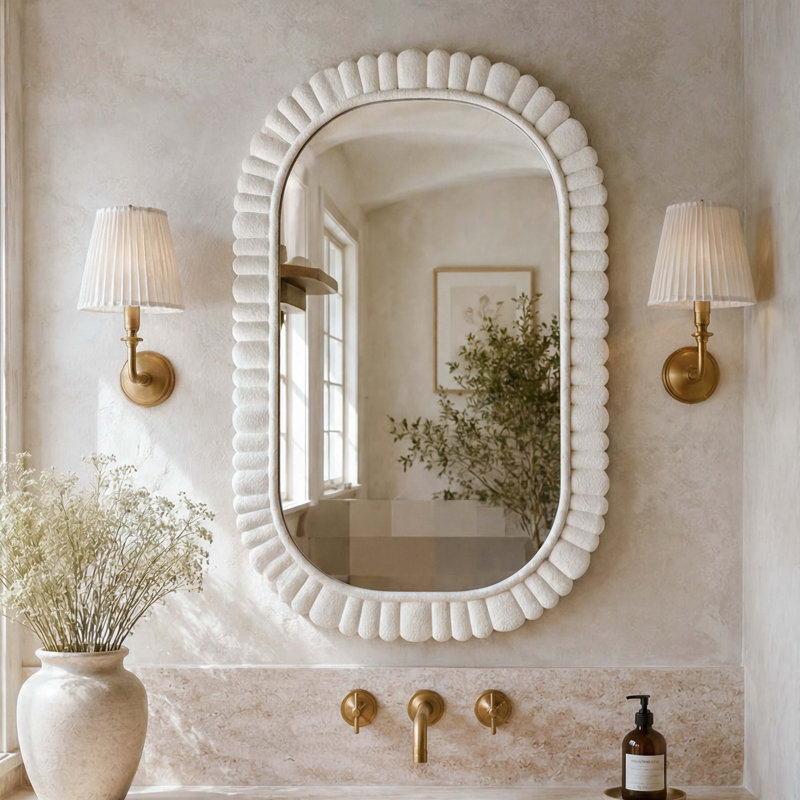 24"x36" Oval Scalloped Wall Mirror, White Textured MDF Framed Silver Bathroom Vanity Mirror, Wabi-Sabi Petal Frame Decorative Wall Mirror, Vertical Mount Easy Installation