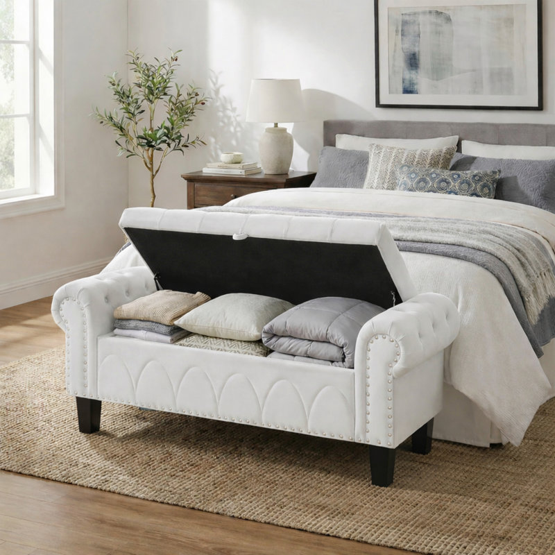 Banc de rangement rembourré 50 "avec garniture cloutée, Blanc