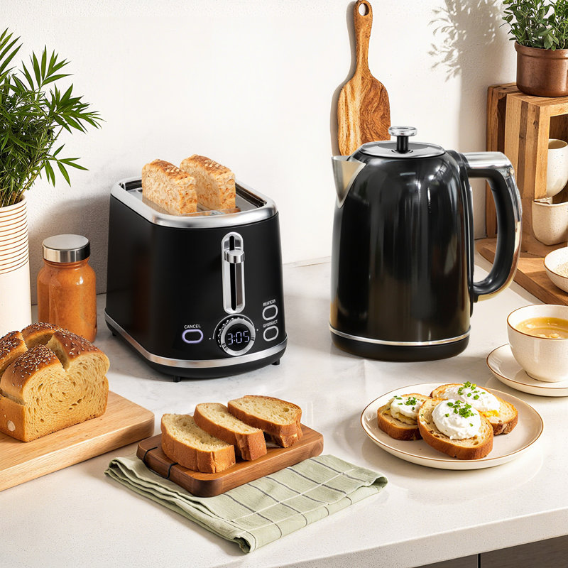 Kettle and Toaster Set, Black/Silver