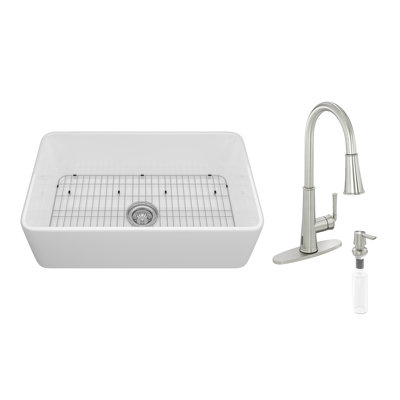 Évier de cuisine de ferme en argile réfractaire à simple cuve avec robinet sans contact L 30 po x l 18 po