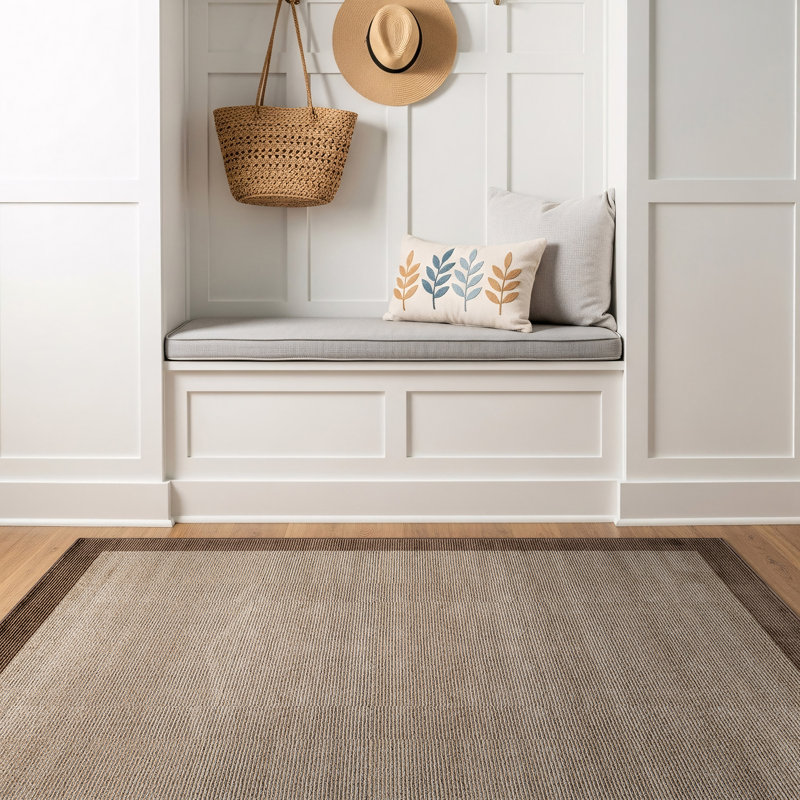 Tapis moderne à motif géométrique moderne à bordure, Rectangle 4pi x 6 pi, Beige