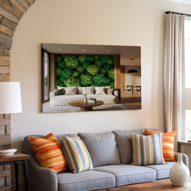 Toile d'un confortable salon moderne avec un grand canapé d'art mural blanc moelleux avec des coussins moelleux positionnés devant une toile murale circulaire