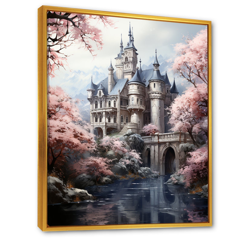 Château de conte de fées rose et gris - Art mural fantastique, Cadre flottant doré, H 20 po x l 12 po