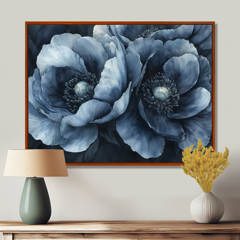 «Illait Blue Mid Night Harmony Pivoines I», art mural pivoines, H 30 po x l 40 po, Brun, Impression encadrée flottante