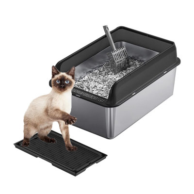 High Sided Non-Stick Stainless Steel Cat Litter Box with Lid – Covered Enclosure, Leak-Proof, Easy Clean, Includes Mat & Scoop – Large Metal Kitty Litter Tray for Cats and Kittens