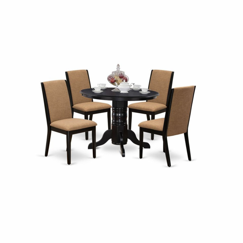 Ensemble de table de salle à manger 5 pièces comprenant une table de salle à manger ronde avec piédestal et 4 chaises rembourrées en tissu de lin sable noir