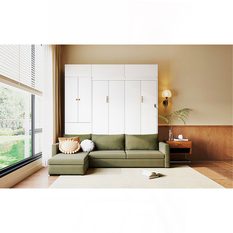 Grand lit escamotable mural avec canapé et tablettes, panneau blanc, canapé vert, Blanc