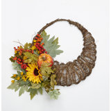 18" Artificial Leaves Pumpkin Berries Cornucopia Twig Wreath