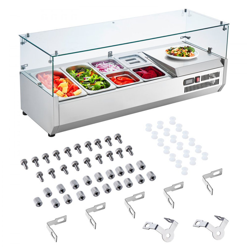 Refrigerated Condiment Prep Station, 135 W Countertop Refrigerated Condiment Station, with 2 1/3 Pans & 4 1/6 Pans, 304 Stainless Body and PC Lid, Sandwich Prep Table with Glass Guard, ETL