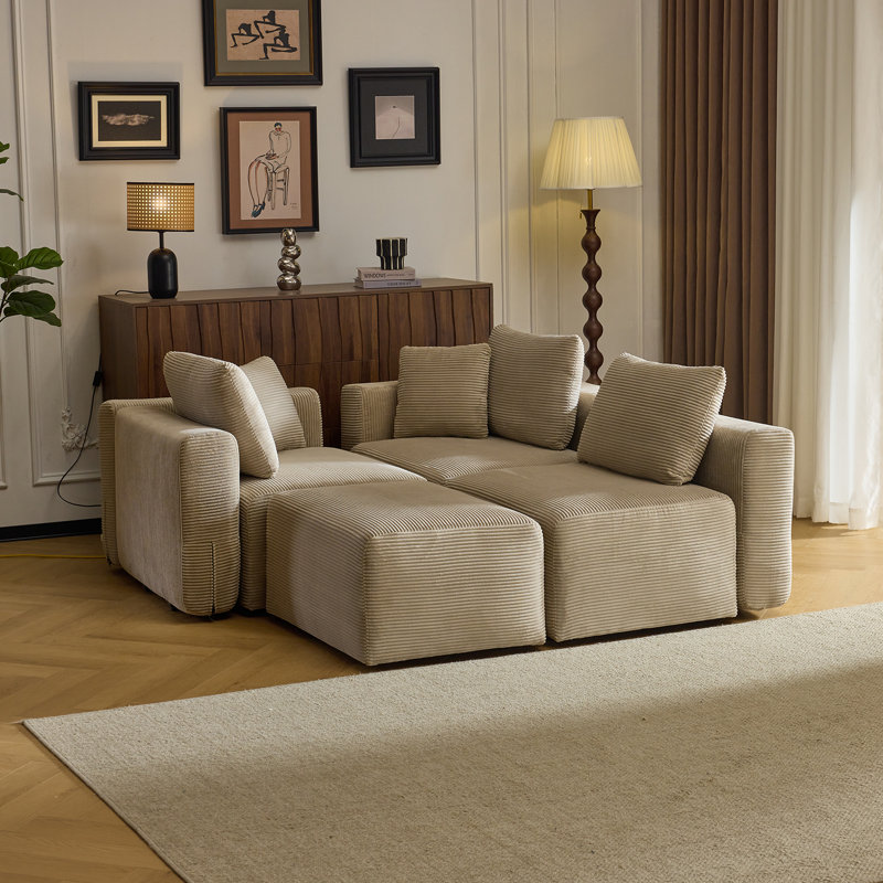 Canapé 110 po en velours côtelé moderne avec coussins moelleux, Kaki