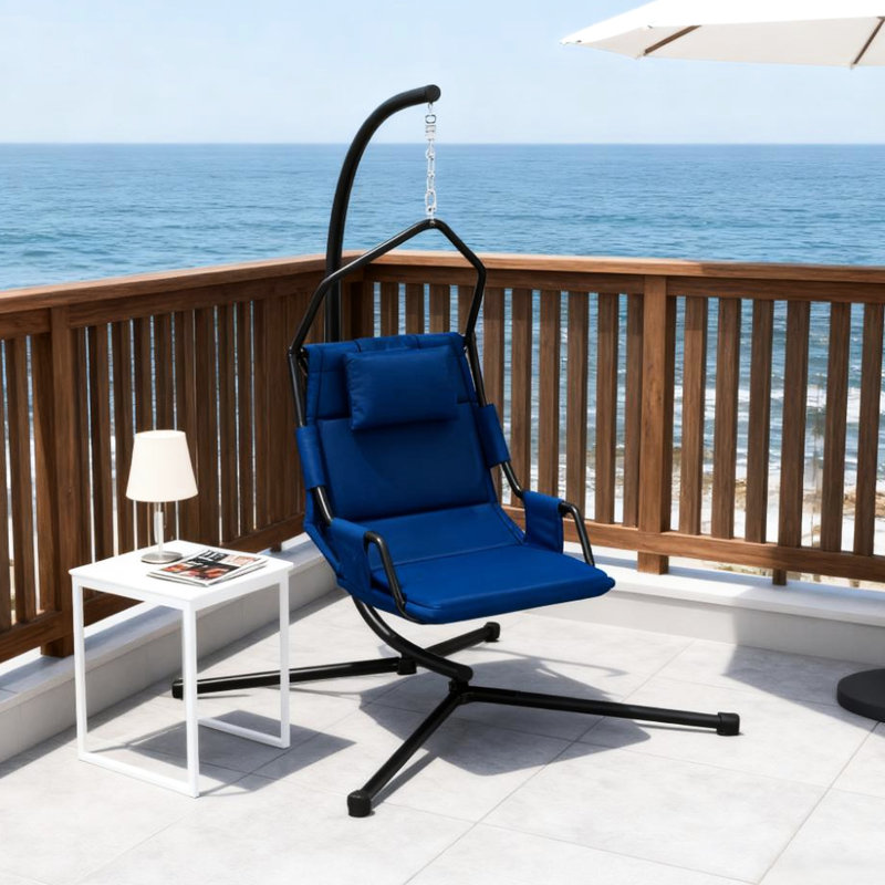 Chaise suspendue avec support, assise confortable rembourrée et coussin en tissu enduit de peinture en poudre, cadre en acier poudré, crochet à ressort réglable pour une balançoire en toute sécurité, support et coussin avec revêtement pour une utilisation intérieure et extérieure.