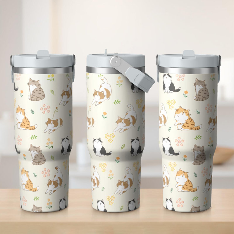 Gobelet 30 oz avec couvercle et poignée Gobelets isothermes en acier inoxydable Bouteille d'eau mignonne avec rabat (chat)