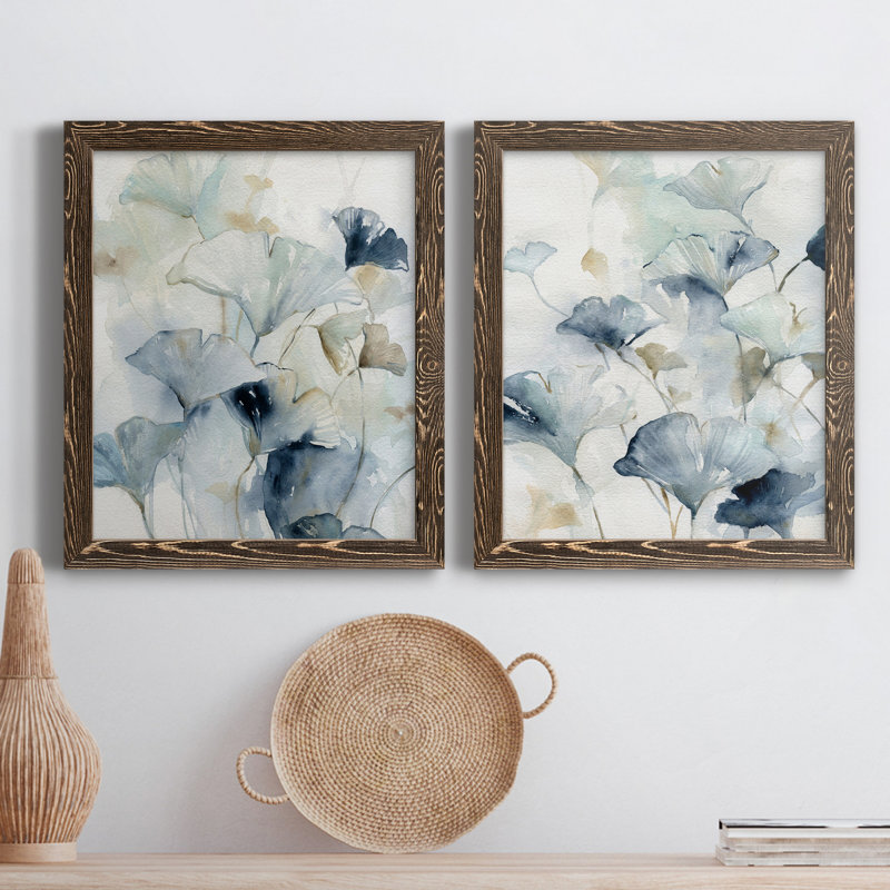 Indigo Ginkgo I - peinture sur toile 2 pièces, Cadre noyer, H 31,5 po x l 23,5 po x P 1 po