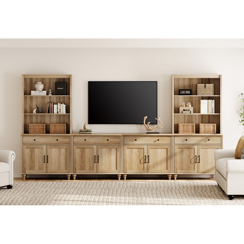 Locklin Farmhouse TV Stand With Bookshelves For, Modern Entertainment Center With Storage Cabinet, TV Console For Living Room, Bedroom
