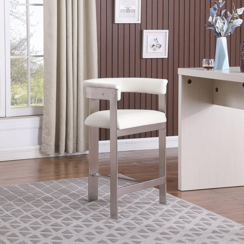 Romeo Hermi Vegan Leather Counter Stool, Cream Vegan Leather, Brushed Chrome