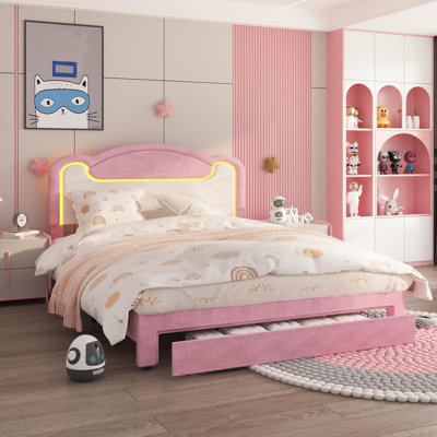 Full LED Smart Bed Frame with RGB Music Sync Lighting, Upholstered Fabric Headboard, Wood Slats, No Box Spring, Beige