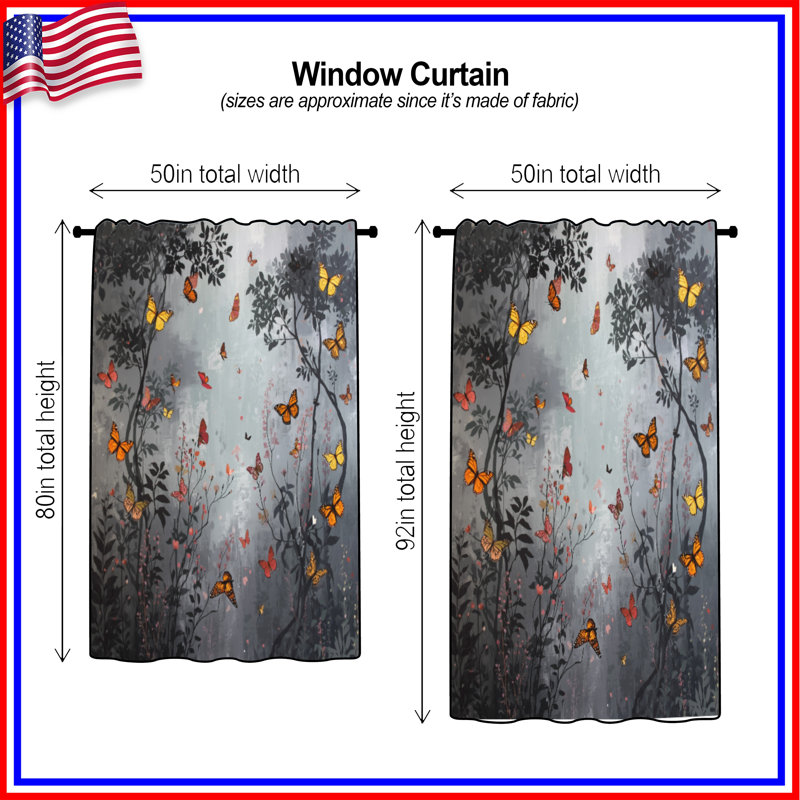 Rideaux de fenêtre Butterflies In Forest, 50" x 92" - 1 Panel, Sheer