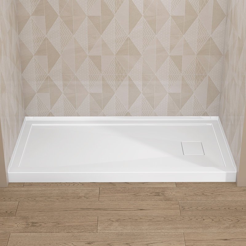 60" W X 32" D Acrylic Alcove Shower Base Pan Rectangular Single Threshold Drop-in Shower Floor Tray in Glossy White with Drain Cover