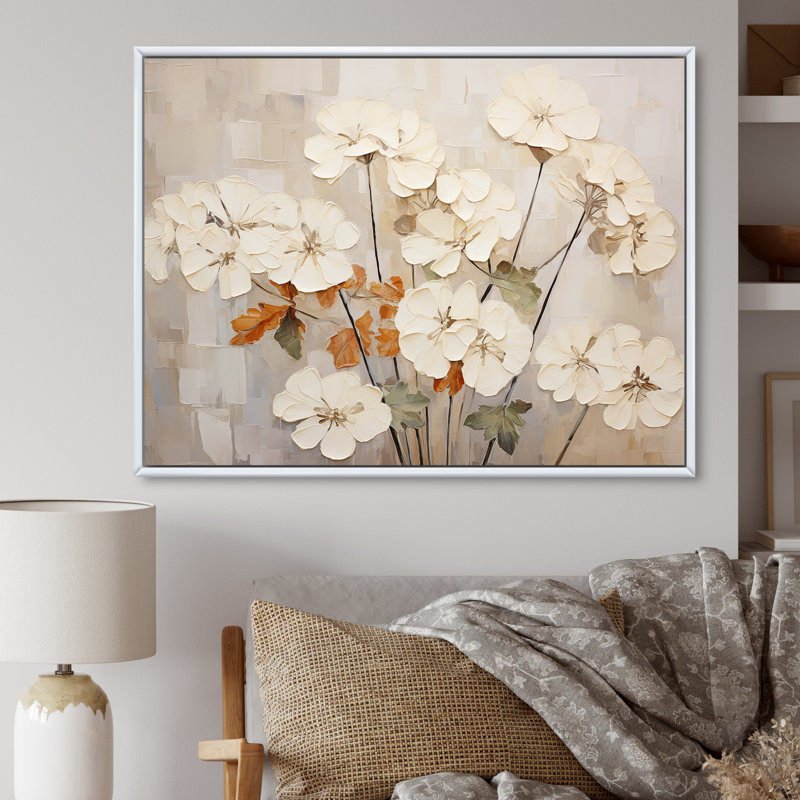 " Minimalism Beige Geraniums II ", 34" H x 44" W x 1.5" D, White Floater Framed