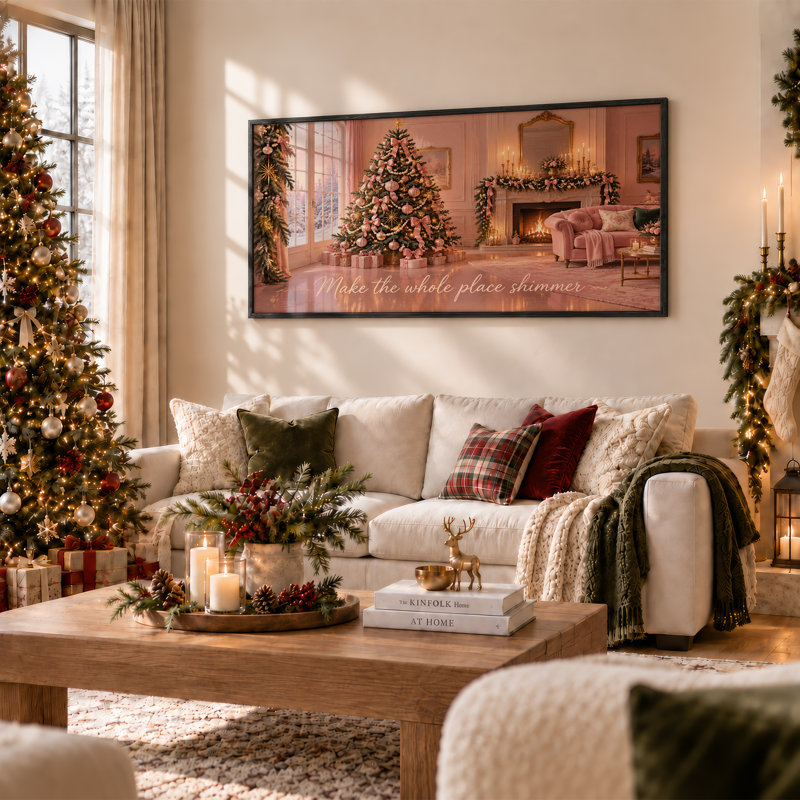 Arbre rose et cheminée dans le salon, art mural sur toile de Noël, L 58 po x H 28 po