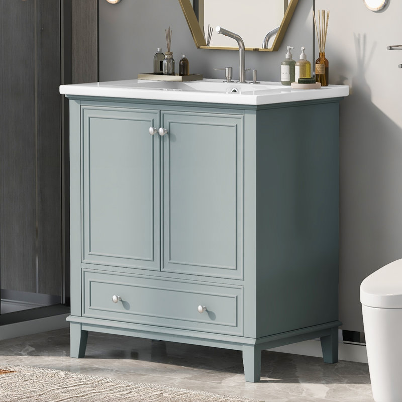Meuble-lavabo vert 30 po avec lavabo, rangement multifonctionnel, structure en bois massif, panneau de fibres à densité moyenne, lavabo en céramique, design moderne