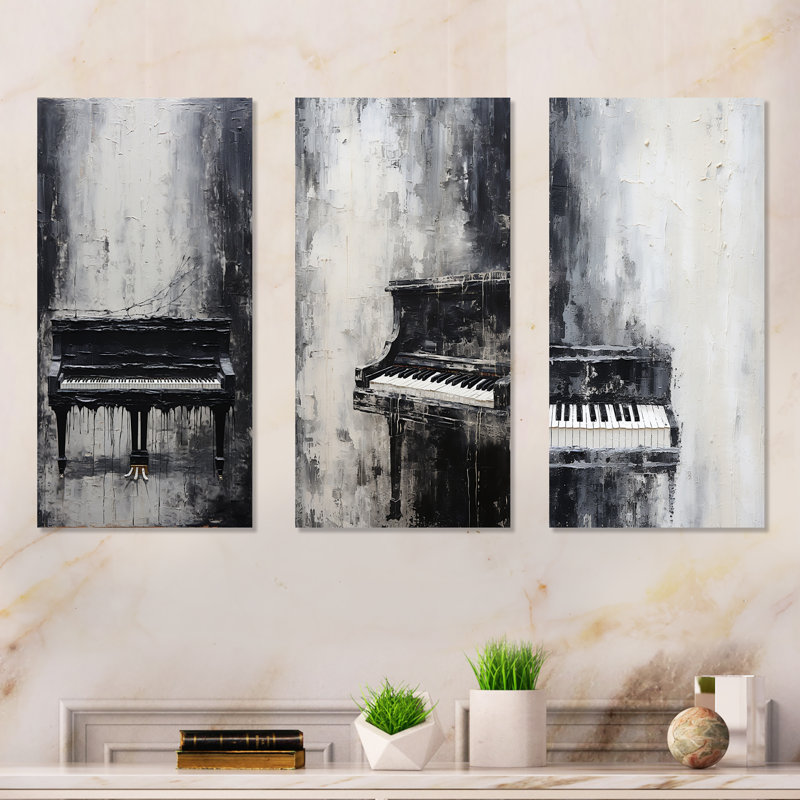 Minimalisme, piano, minuit, noir et blanc - Ensemble de 3 décorations murales piano en métal, H 32 po x l 48 po