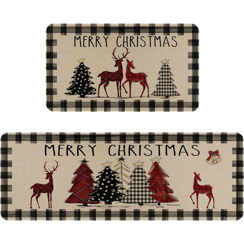 Christmas Beige and Black Linen Non-slip Kitchen Rug Set