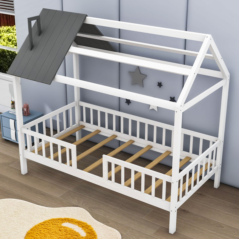 Lit simple en bois avec clôture Hadrien, Blanc / gris