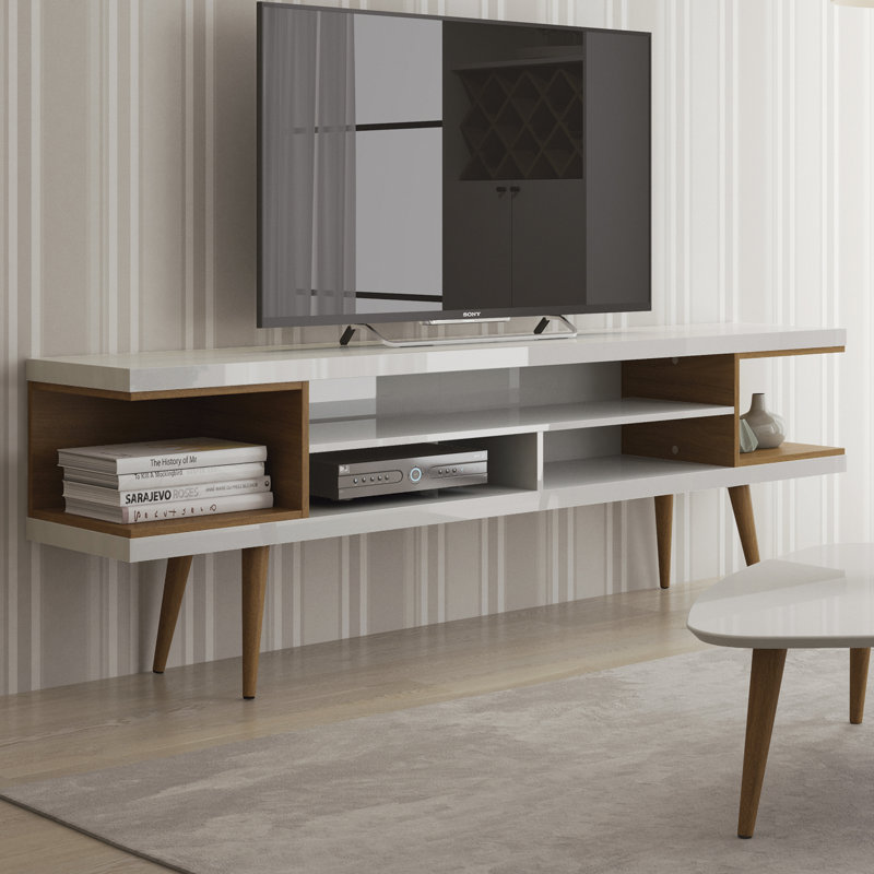 Meuble télé Mid-Century avec tablettes de rangement, Blanc lustré / crème d'érable