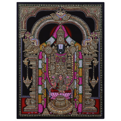 Tirupati Balaji (Venkateshvara) avec Devi Lakshmi | Couleurs traditionnelles avec or 24 carats | Avec cadre