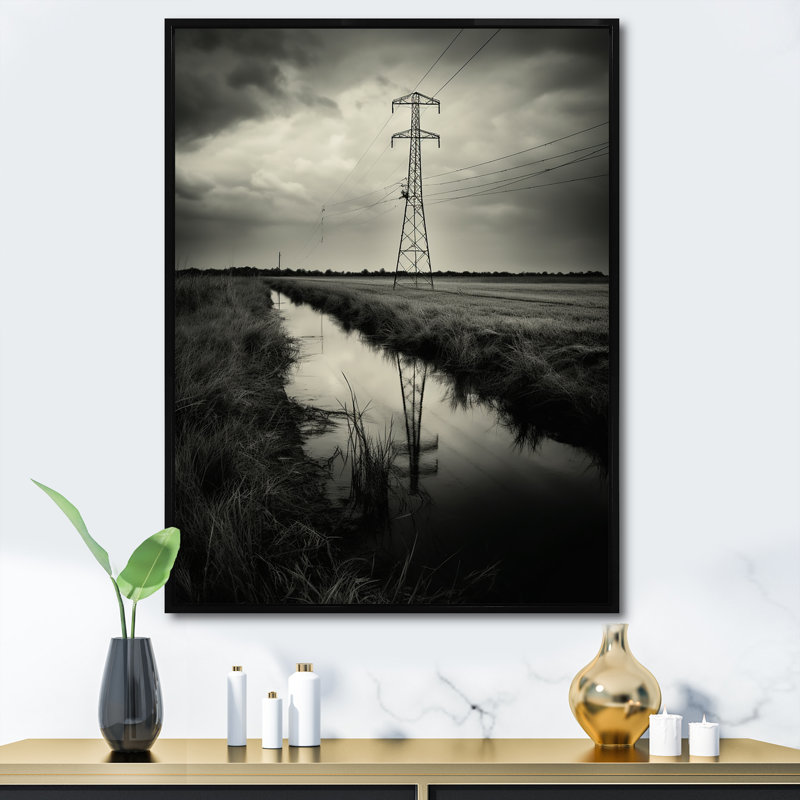 Lignes électriques noires et blanches Horizon II sur toile, Cadre flottant noir, H 40 po x l 30 po x P 1,5 po
