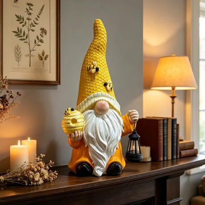 Statuette de gnome abeille avec lanterne, figurine de gnome en oxyde de magnésium en nid d'abeille tenant une ruche, sculpture naine d'esprit des arbres imperméable pour l'extérieur, décor de patio, jardin, pelouse, cadeau idéal pour les amoureux des abeilles lors d'une pendaison de crémaillère.