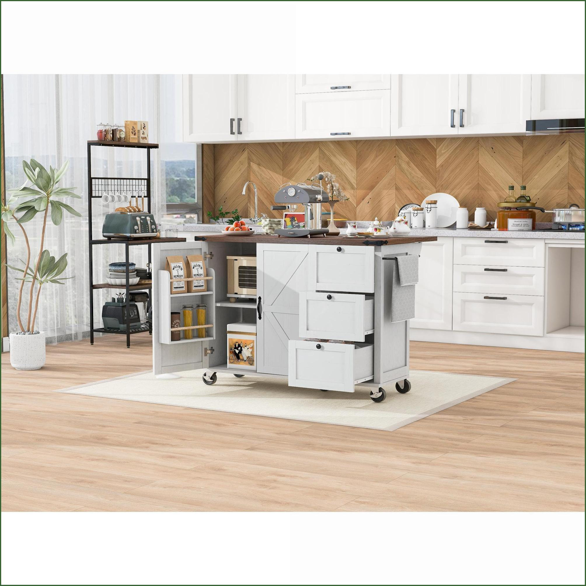 Latitude Run® Kitchen Island with Drop Leaf, Power Outlet & Storage ...