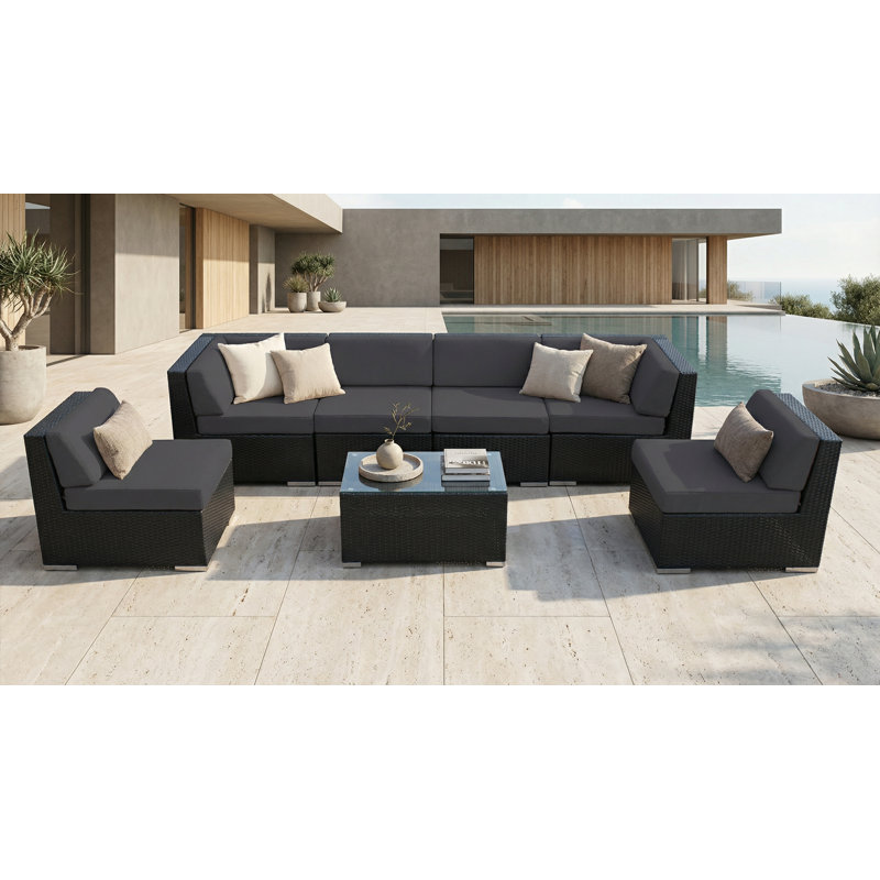 Ensemble de conversation en osier pour 6 personnes avec coussins Barneveld - sans assemblage, Super acrylique gris, Noir
