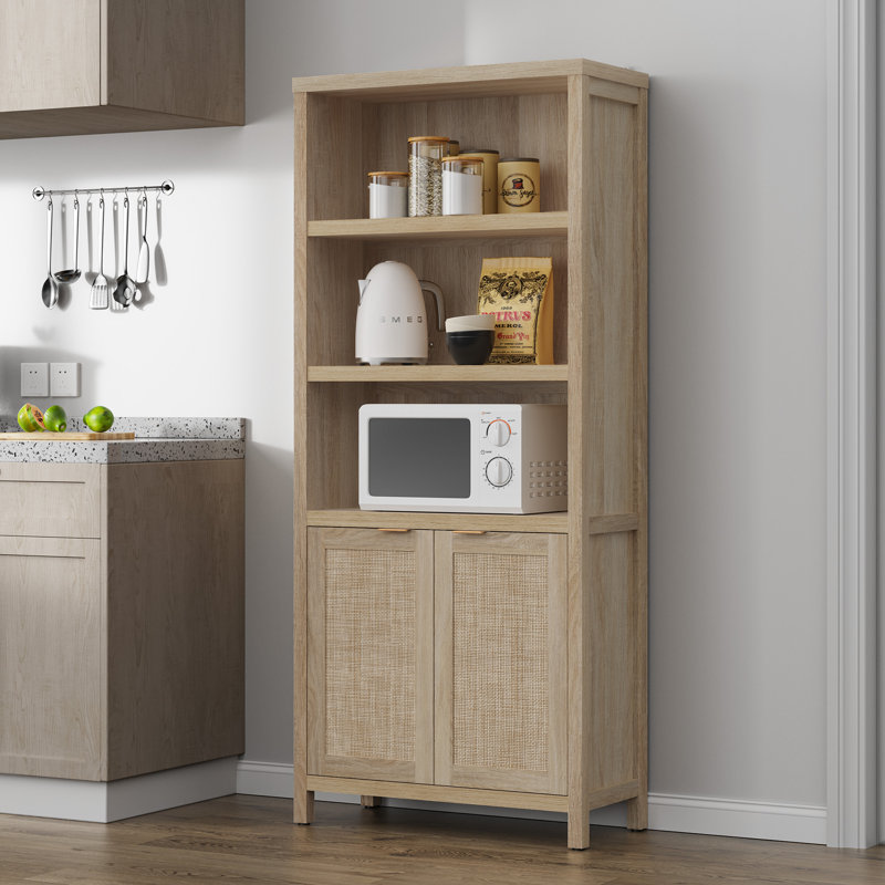 Bibliothèque en rotin d'inspiration bohémienne avec armoire de rangement et tablettes réglables, Naturel, 1