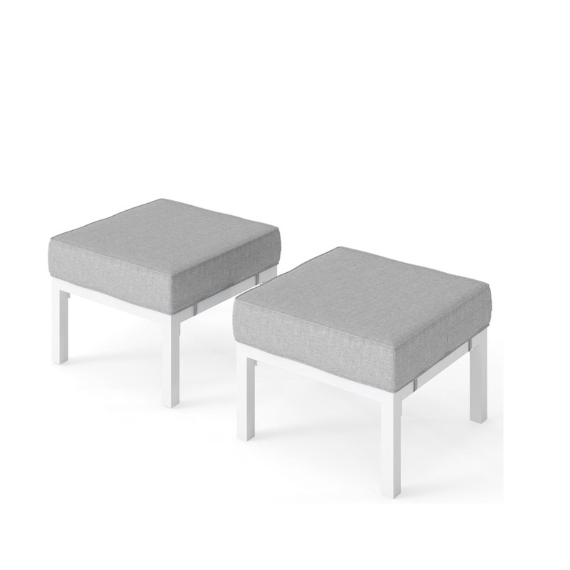 Set of 2 24" Modern Outdoor Ottomans with Cushions, Light Gray/White