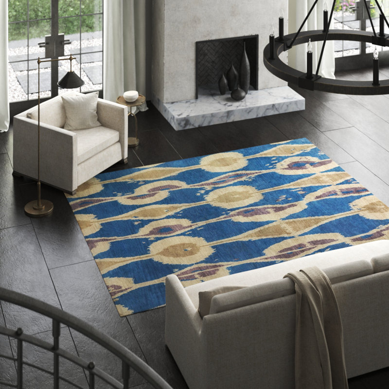Miri Wool Ikat Area Rug in Blue/Beige, Rectangle 12' x 16'