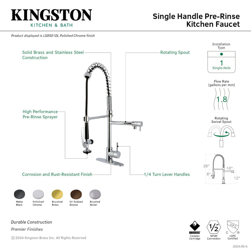 Kingston Brass Concord Single-Handle 1-Hole Deck Mount Pre-Rinse Kitchen Faucet, Oil Rubbed Bronze