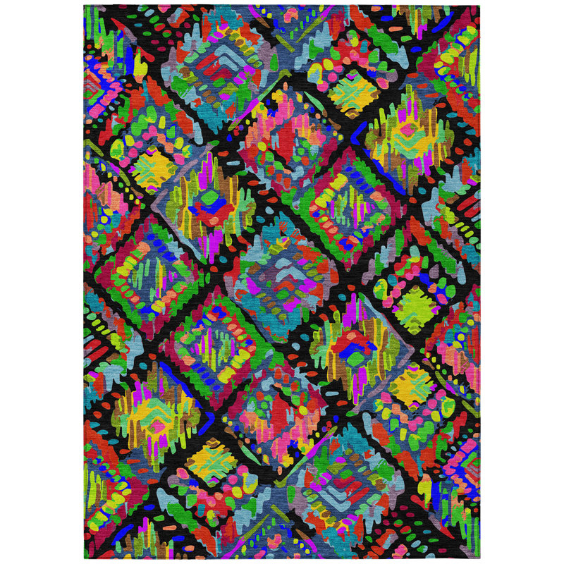 Tapis extérieur lavable à motif géométrique noir, jaune et vert 5 pi x 8 pi
