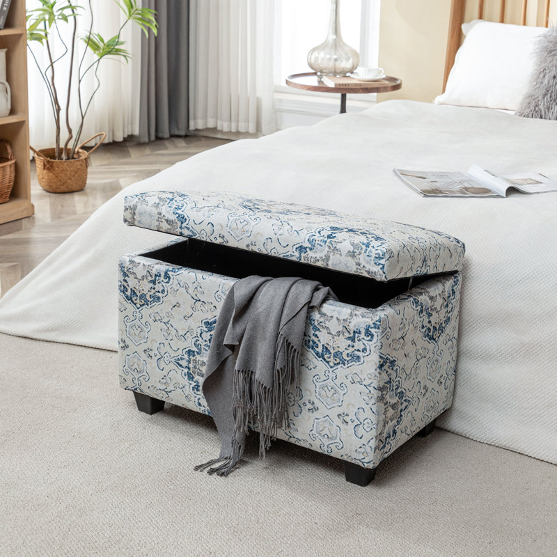 Banc de rangement rembourré en tissu Bacca, Bleu / blanc / géométrique