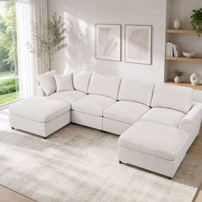 Canapé modulaire modulaire à 6 places avec tissu en chenille doux et repose-pieds mobile, 6 places l 130,3 po x P 66,7 po