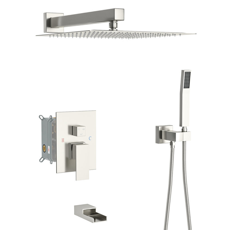10 Inch Wall Mounted Square Shower In Brushed Nickel - Waterfall Tub Spout, 3 Function, Rainfall Shower, Handheld Implement System With Spout Nickel, Rain Handheld, Facility Kit