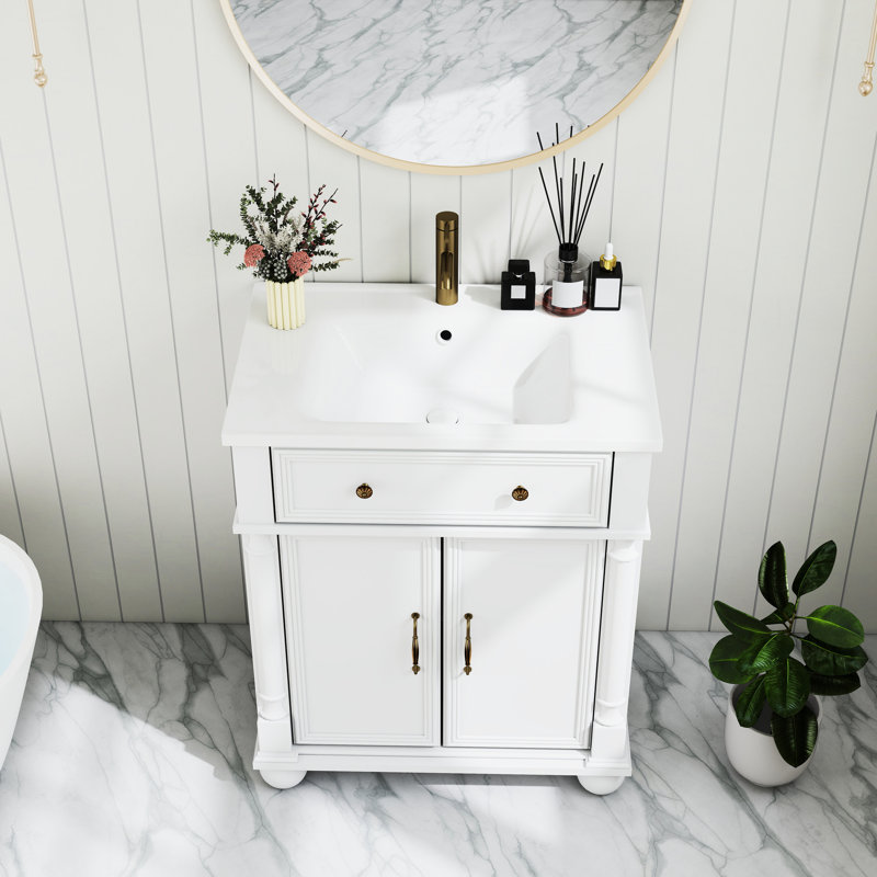 Meuble-lavabo de 28 po de style médiéval, structure en bois massif, armoire de rangement, lavabo à impact, installation facile haut de gamme de 27,8 po et poignées en métal, à nettoyer