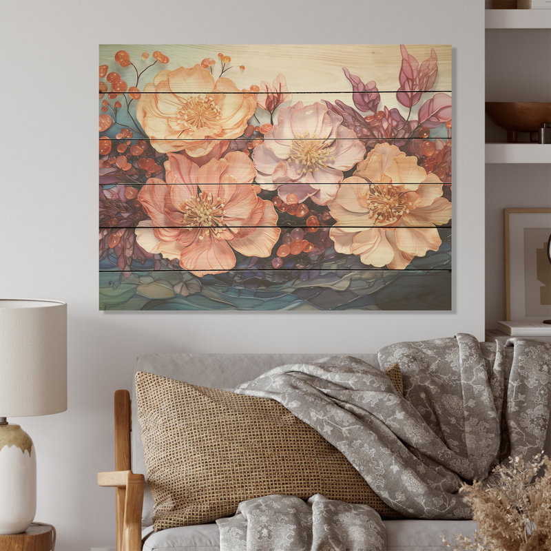 «Peach Hydrangea S Whispers», art mural en bois sur bois de pin naturel, H 10 po x l 20 po