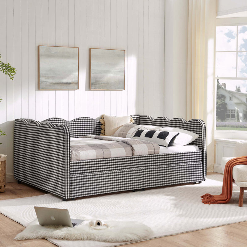 Gingham Daybed Storage Drawers USB Port Wave Shaped, Full , Black