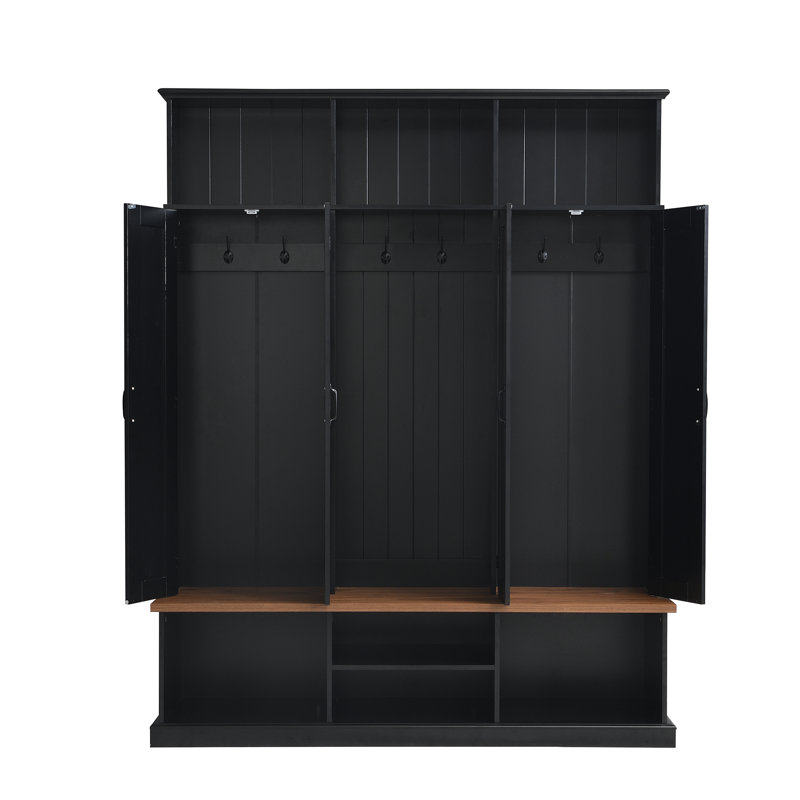 62.2''w Entryway Hall Tree With Bench, 3 Top Cubbies & Bottom Storage Space, Farmhouse Coat Rack With Hooks & Cabinets For Entryway, Hallway, Mudroom, Living Room